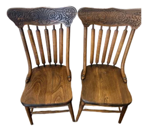 Pair of American Late Victorian Carved Elm Pressed-Back Spindle Side Chairs, C. 1890–1910