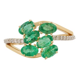 14k Gold Certified Natural Zambian Emerald Diamond Cluster Ring Size 6.5 For Sale