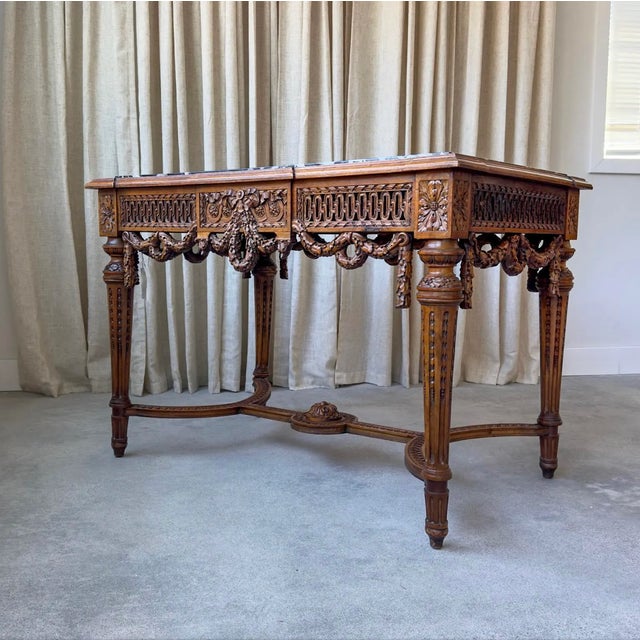 French Louis XVI Style Marble Top Carved Beechwood Center Table, Late 19th Century For Sale - Image 3 of 14