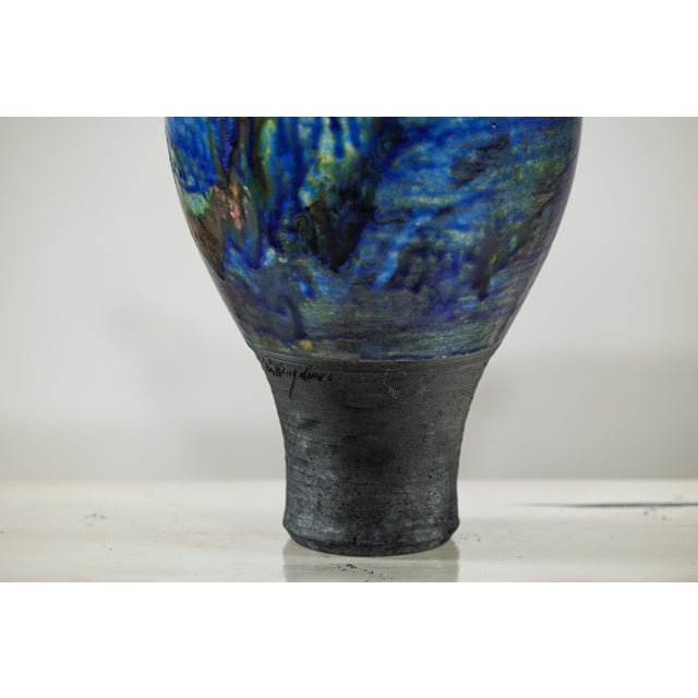 Studio Ceramic Vase with Cobalt Blue Glaze and Tapered Foot For Sale - Image 12 of 12