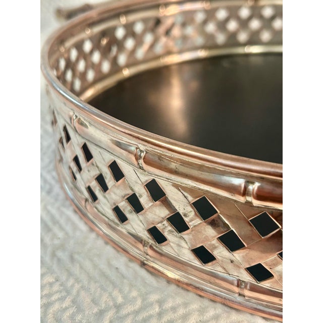 Vintage Silver-Plated Over Copper Chinoiserie Faux Bamboo Woven Gallery Tray For Sale In New Orleans - Image 6 of 10