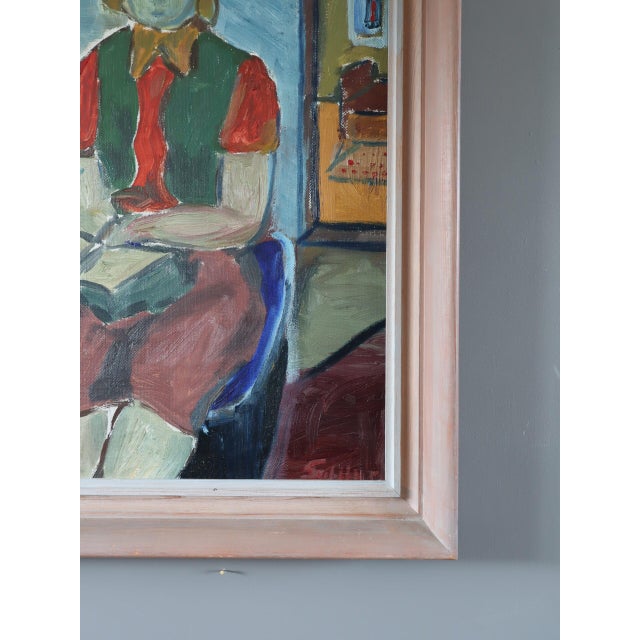 Textile Mid-Century Modern 'The Reader's Pause' Vintage Swedish Original Figurative Oil Painting, Framed For Sale - Image 7 of 12