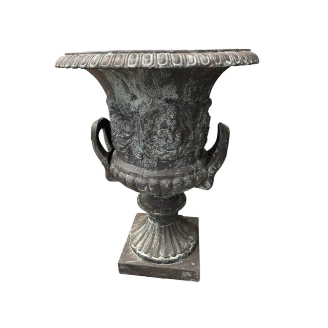 Pair of Vintage Neoclassical Cast Iron Urn Planters in Aged Bronze & Verdigris Finish For Sale In West Palm - Image 6 of 12
