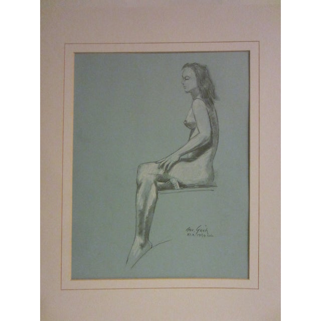 Blue 1950s George Gach Impressionist Signed Drawing Portrait on Paper Gouache For Sale - Image 8 of 10