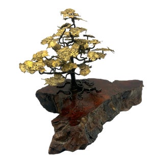 Mid-Century Brutalist Gilt Bronze Bonsai Tree Sculpture on Burl Wood Basee For Sale
