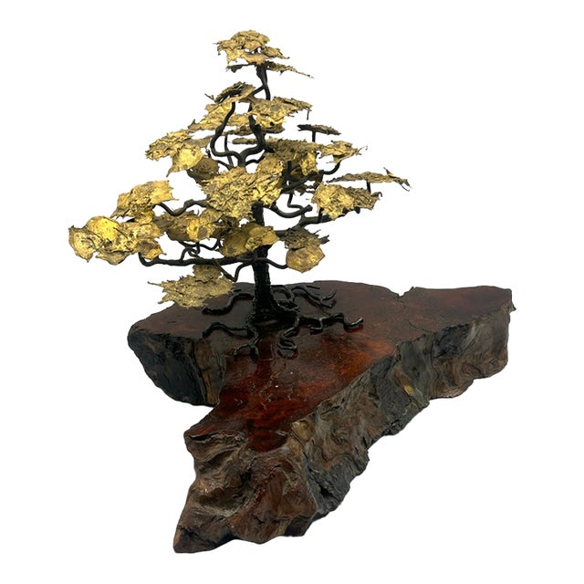 Mid-Century Brutalist Gilt Bronze Bonsai Tree Sculpture on Burl Wood Basee For Sale