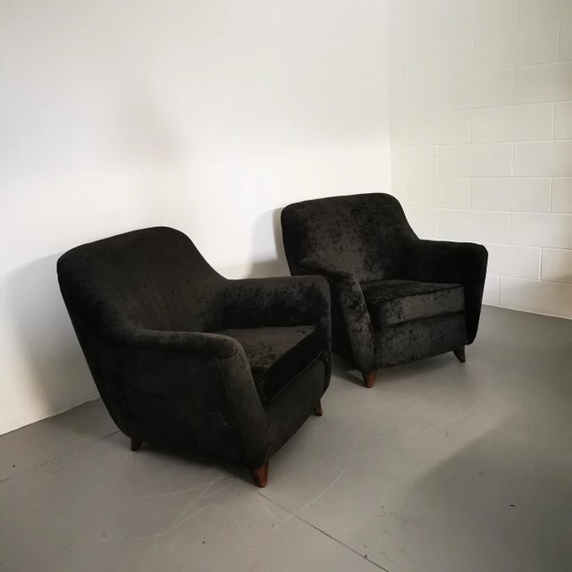 Large armchairs with wooden structure, walnut wood feet, padded with wadding and horsehair, seat support with springs and...