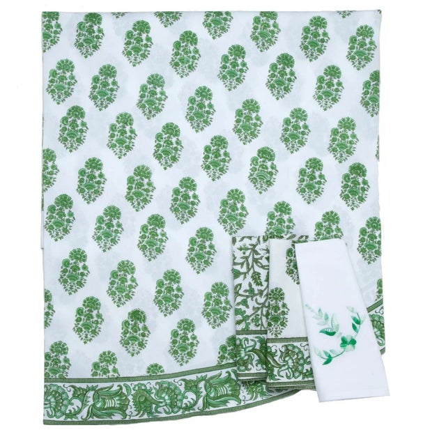 Riya Green Round Tablecloth, 90-Inch For Sale - Image 4 of 7