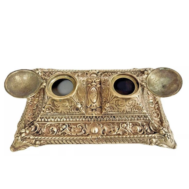 Metal Antique Solid Brass French Déposé Footed Desktop Rococo Double Inkwell For Sale - Image 7 of 9