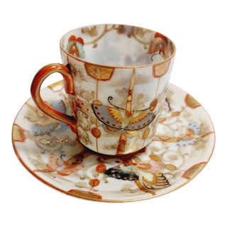 Vintage 1930s Butterfly Japanese Eggshell Porcelain Miniature Teacup & Saucer Set For Sale