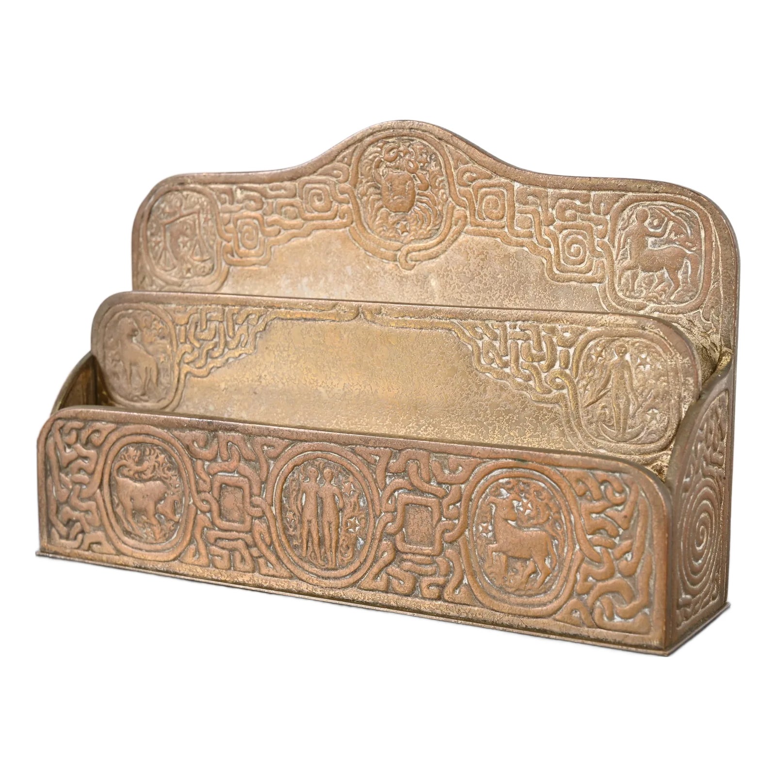 Tiffany Studios New York Zodiac Pattern Bronze Doré Letter Rack | Chairish