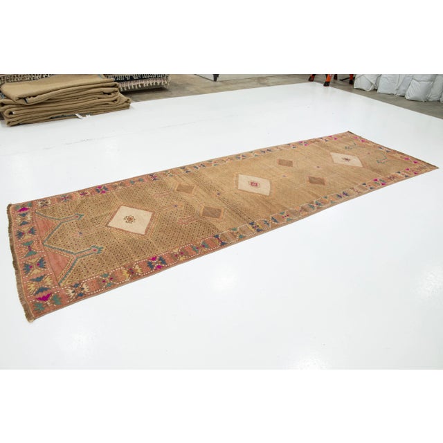 Turkish 4 X 13 Vintage Turkish Kars Wool Rug in Tan Color With a Tribal Pattern For Sale - Image 3 of 9