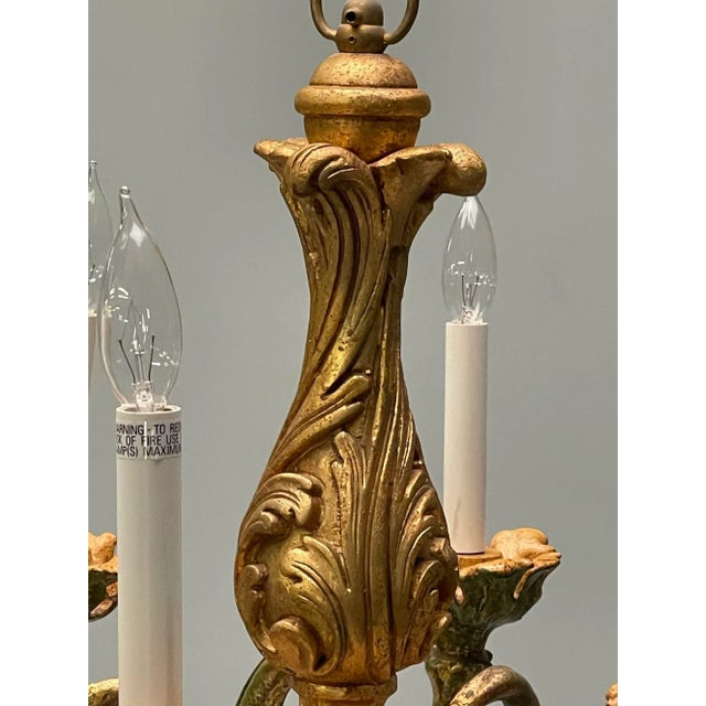 Wood Rococo, Baroque, Italian Six Light Chandelier, Parcel Paint, Gilt, Italy, 1970s For Sale - Image 7 of 11