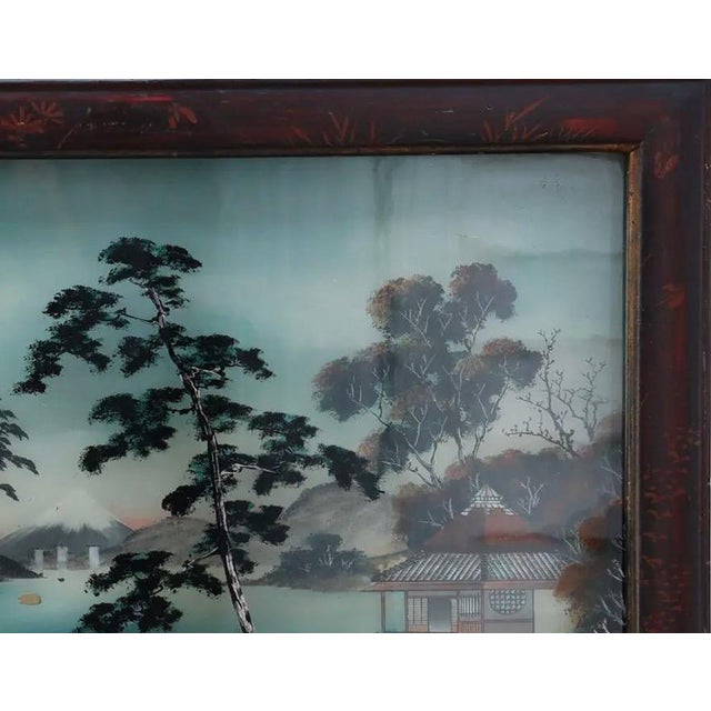 Antique Meiji Period Japanese Reverse Glass Painting - Mother of Pearl Inlay - Cranes at Mt. Fuji - C. 1890 For Sale - Image 4 of 10