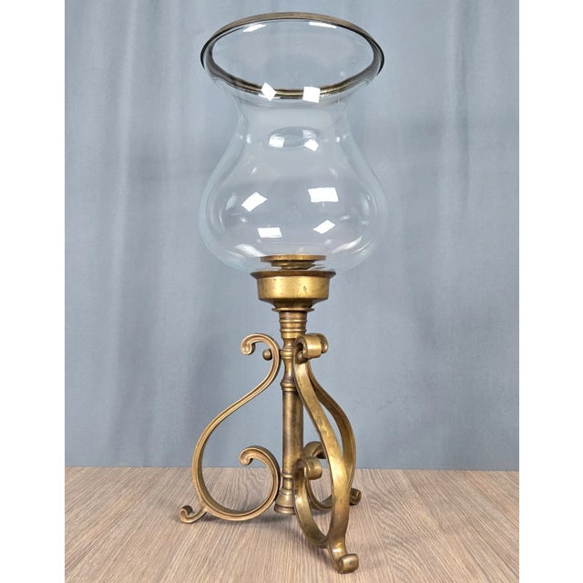 French 1990s 23.5" Castilian Imports Solid Brass Scroll & Glass Hurricane Candle Holder For Sale - Image 3 of 15