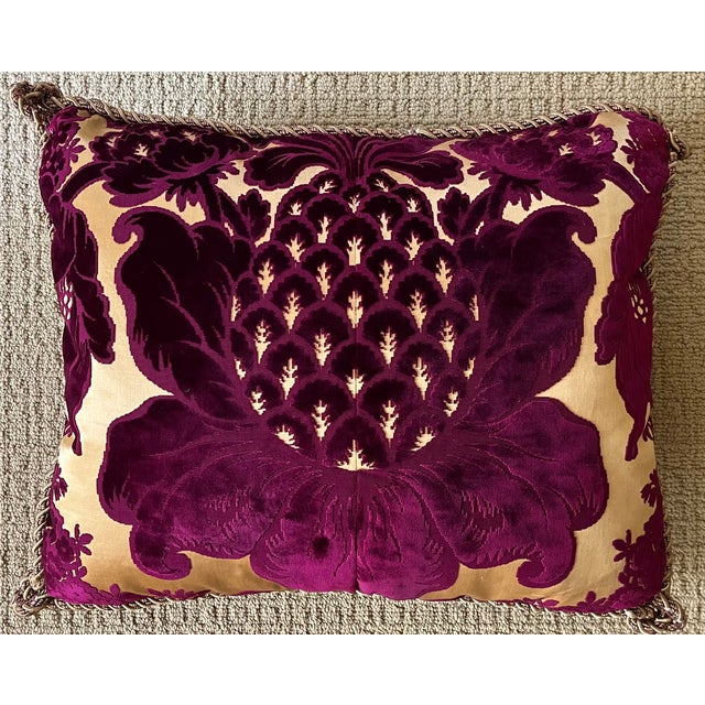 Italian Venetian Baroque cut velvet textile as a pillow. Deep purple / burgundy /red on a gold silk ground; finished with...