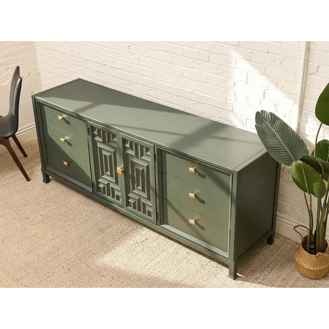 Vintage Dark Green Geometric Credenza With Brass Hardware For Sale - Image 4 of 12
