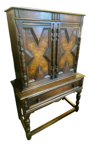 Grand Rapids Antique 1920s Walnut and Burlwood Spanish Revival Liquor Cabinet or Armoire - By Johnson-Handley-Johnson