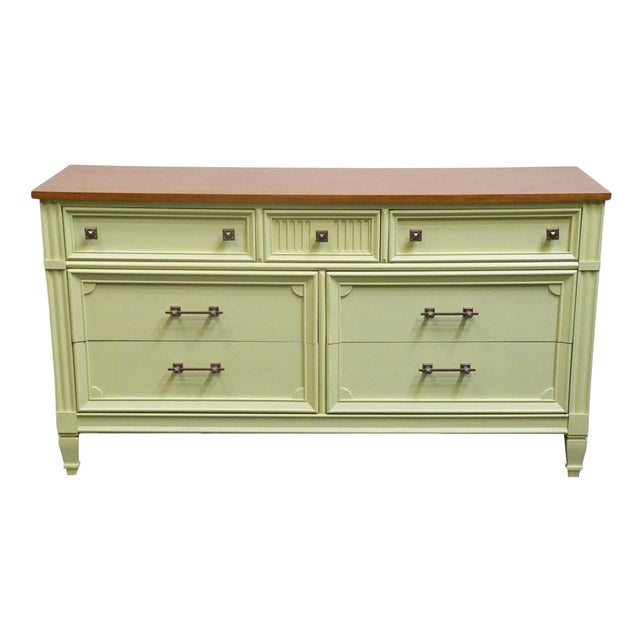 Rustic European Bassett Furniture Ticino Collection Cream Painted 57" Double Dresser W. Solid Cherry Top 238-96-237 For Sale - Image 3 of 13