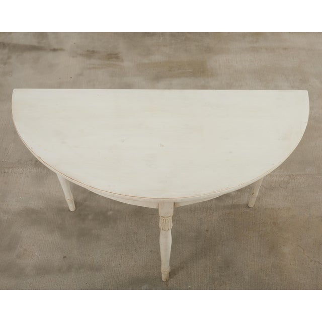 Pair of Swedish Gustavian Style Painted Pine Demilune Consoles For Sale - Image 4 of 12