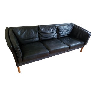 Mid 20th Century Vintage Danish Modern Black Leather Sofa For Sale