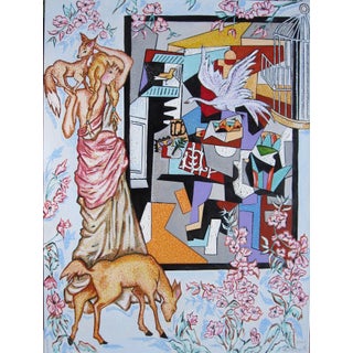 Interior with Picasso by Louis Recchia | Oil on canvas Woman holding a fox in a colorful interior scene. For Sale