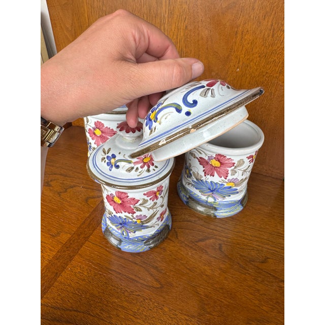 Mid 20th Century Vintage Hand-Painted Faience Floral Ceramic Canister Set – European Country Kitchen Storage (Set of 3) For Sale - Image 5 of 12