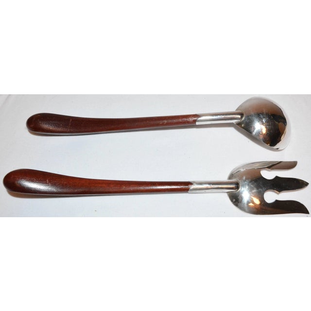 Mid-Century Modern Mid-Century Mexican Sterling Silver and Wood Salad Servers For Sale - Image 3 of 6