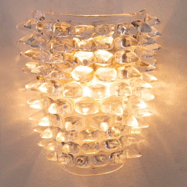 Large Clear Murano Glass Wall Lamps with Spikes and Gold Finish Frames, 1990s, Set of 2 For Sale - Image 12 of 13