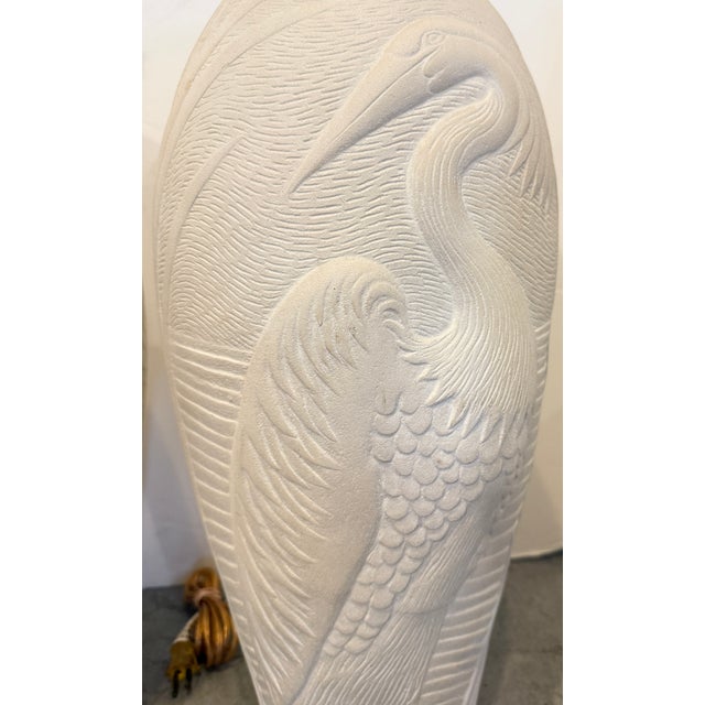 Off-white Tall Pair of Plaster Table Lamps With Relief Herons and Leaves From 80's For Sale - Image 8 of 12