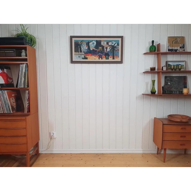 This mid-century modern panoramic oil painting on canvas, titled "sitke, spanien" (sitke, spain), beautifully captures a...