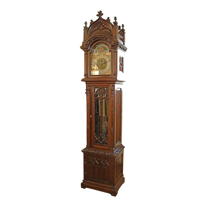 Early 20th Century Carved Oak Gothic 5 Gong Tall Case Grandfather Clock ...