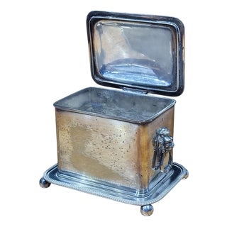English Silver-Plated Tea Caddy with Lion's Head Handles For Sale