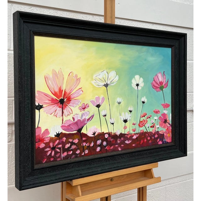 Colourful Design Study of Wild Pink & White Flowers on a Yellow & Turquoise Background, by Contemporary British Artist....