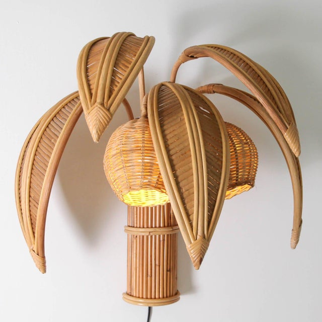 Light Yellow Palm Rattan Wall Sconces, Set of 2 For Sale - Image 8 of 14