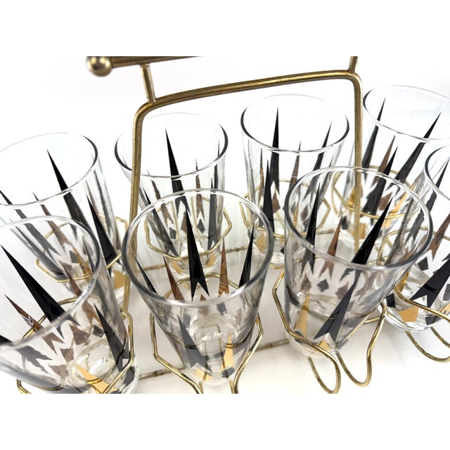 1960s Mid-Century Modern Atomic Black & Gold Highball Glasses With Brass Carrier - Set of 8 For Sale - Image 10 of 12