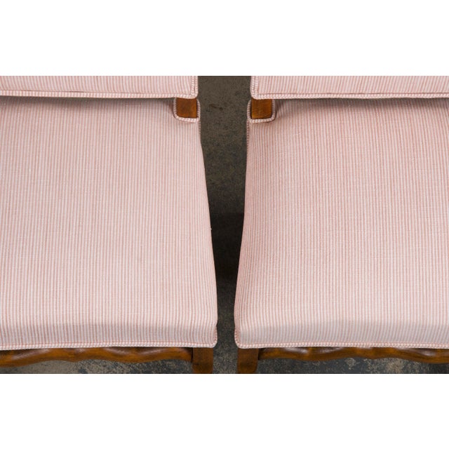 Late 19th Century Antique French Louis XIII Style Os De Mouton Oak Dining Chairs W/ Striped Blush Pink Chenille- Set o For Sale - Image 5 of 12