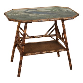 Antique English Bamboo and Grasscloth Table With a Bird Top For Sale