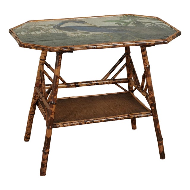 Antique English Bamboo and Grasscloth Table With a Bird Top For Sale