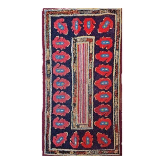 Vintage American Hand Hooked Rug, Handwoven Floret Pattern, Folk Art Tapestry, 1x2 For Sale