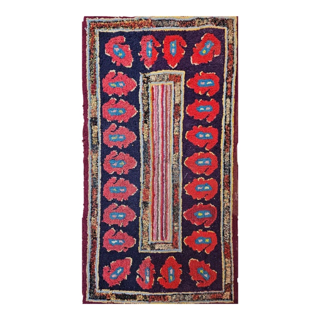 Vintage American Hand Hooked Rug, Handwoven Floret Pattern, Folk Art Tapestry, 1x2 For Sale