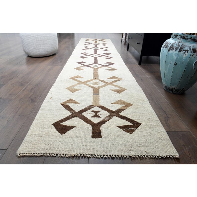 1970s Vintage Turkish Handmade Wool Cotton Beige Runner Rug For Sale - Image 11 of 11
