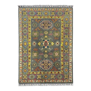 Gray Kazak Wool Rug With Colorful Tribal Motifs, 3'4" X 4'9" For Sale