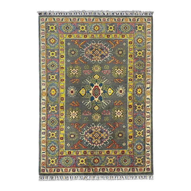 Gray Kazak Wool Rug With Colorful Tribal Motifs, 3'4" X 4'9" For Sale