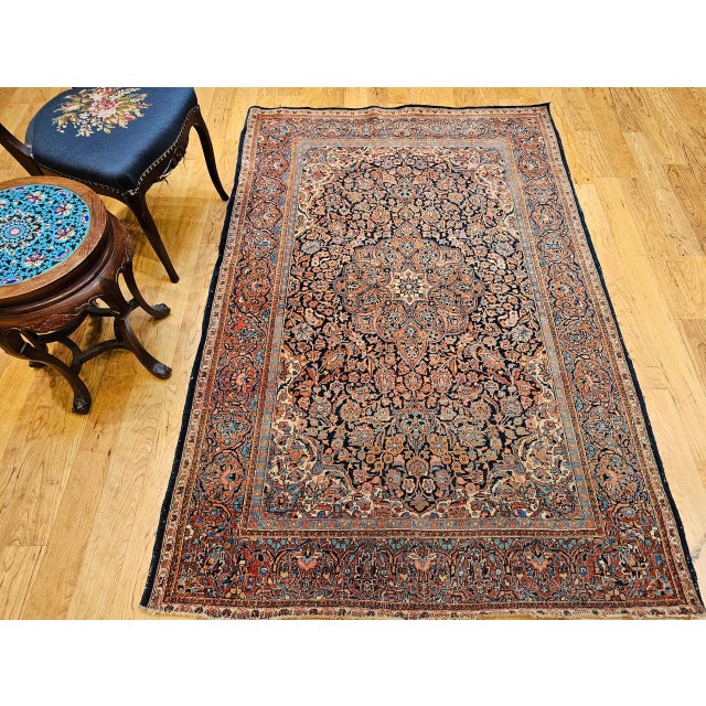 Navy Blue Vintage Persian Kashan Rug, Hand-Knotted Wool, Floral Pattern, Navy & Blue, 5x7 For Sale - Image 8 of 17