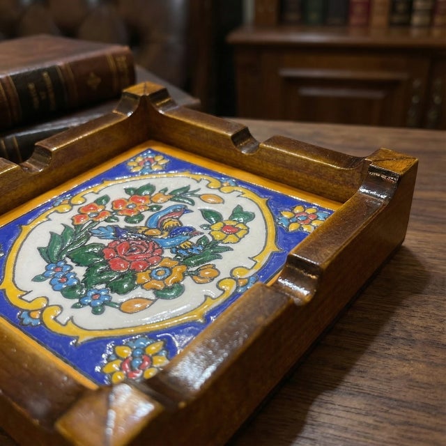 1990s 1990s Hand Painted Ceramic Ashtray in Wood Frame For Sale - Image 5 of 11