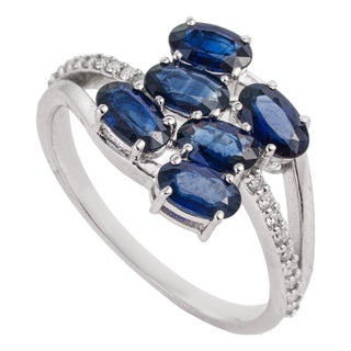 1.48ct Blue Sapphire & Diamond Cluster Ring in 14k White Gold Size 7 For Sale