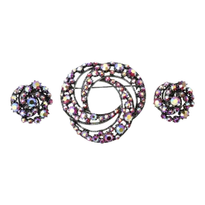 Vintage Florenza Boris Aurealis Crystal Circular Pin & Clip On Earrings - Set of 3