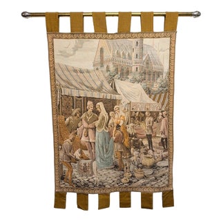 Vintage French Medieval Street Market Scene Tapestry For Sale