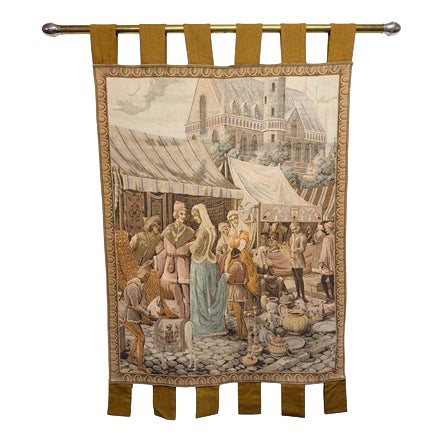 Vintage French Medieval Street Market Scene Tapestry For Sale